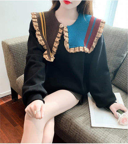 【秋の初めの割引！！】好感度UP   折り襟 配色 スウェット長袖Tシャツ＜F-3999＞