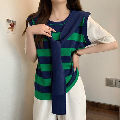 絶対欲しい レイヤード風 エレガント ストライプ柄 全3色半袖 Tシャツ＜F-8799＞