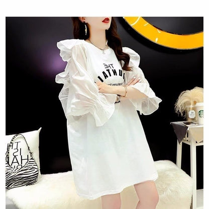 女子力アップ アルファベット パフスリーブ プリント ロングTシャツ ゆったりワンピース ＜F-3054＞