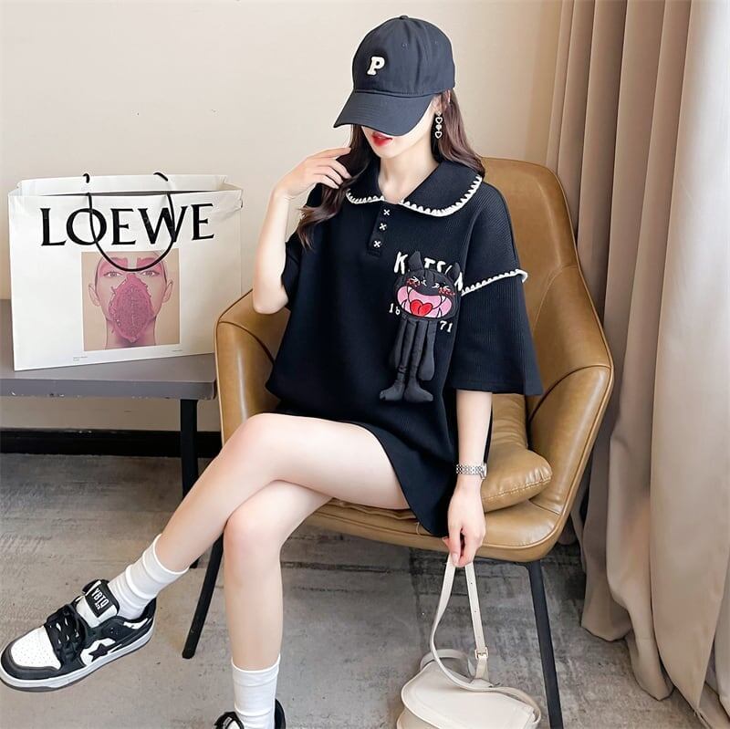 美人度アップ   ワッフル ロング Tシャツ ゆったり半袖 ＜F-2930＞