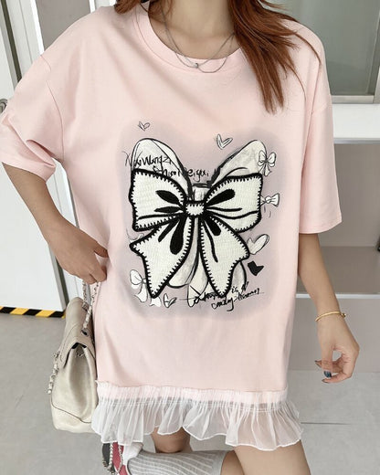 今季マストバイ プリントゆったり 切り替え 半袖Tシャツ 全4色＜F-8256＞