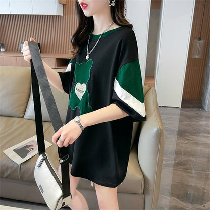 カジュアルルーズワッペン刺繍ステッチカラーブロック半袖Tシャツ<F-2870>