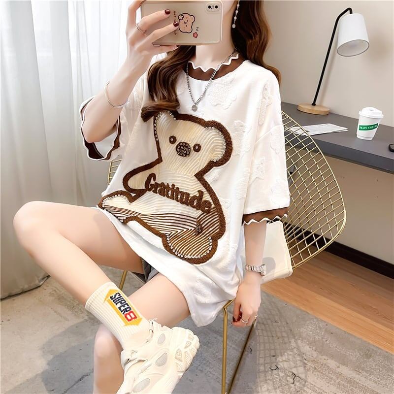 先進の重工業刺繍入りダイヤモンドベア半袖Tシャツ<F-2987>