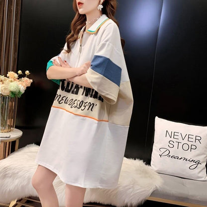 韓国系 切り替え POLOネック ファスナー ロング Tシャツ 二色 ゆったりワンピース ＜F-3015＞
