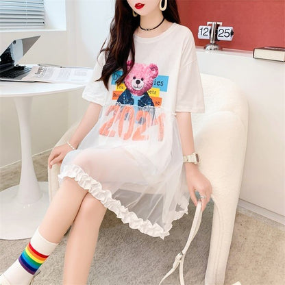 デザインセンスレースステッチフェイクツーピース半袖Tシャツワンピース<F-2964>