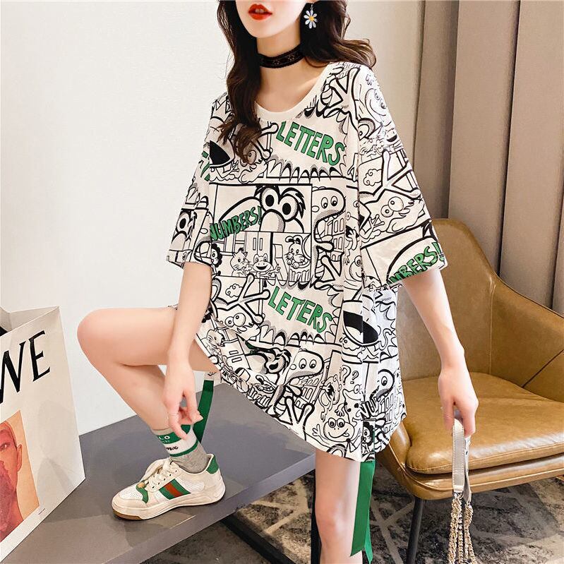 超人気 アバンギャルド 個性派 ラウンドネック プリント全2色 半袖Tシャツ<F-8720>