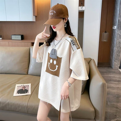 エレガントな立体ジャガードルーズウールパッチステッチ半袖Tシャツ<F-2901>