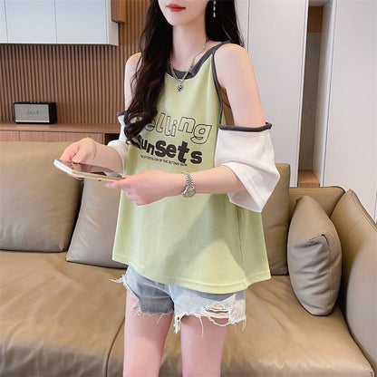 話題沸騰中   ロゴ 肌見せ 肩開き ゆったり 3色半袖Tシャツ＜F-8212＞