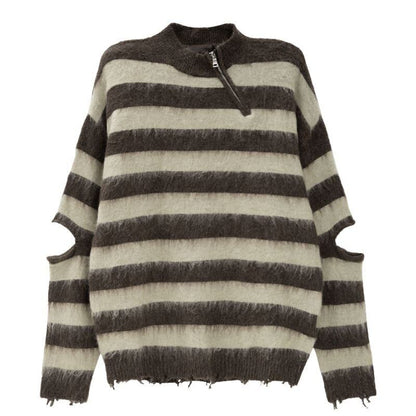 気質満点   ダメージ加工ボーダー柄ゆったりニットセータートップス