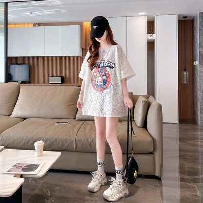 ハイエンドデザインセンスレース中空ルーズミドル丈半袖Tシャツ<F-3035>