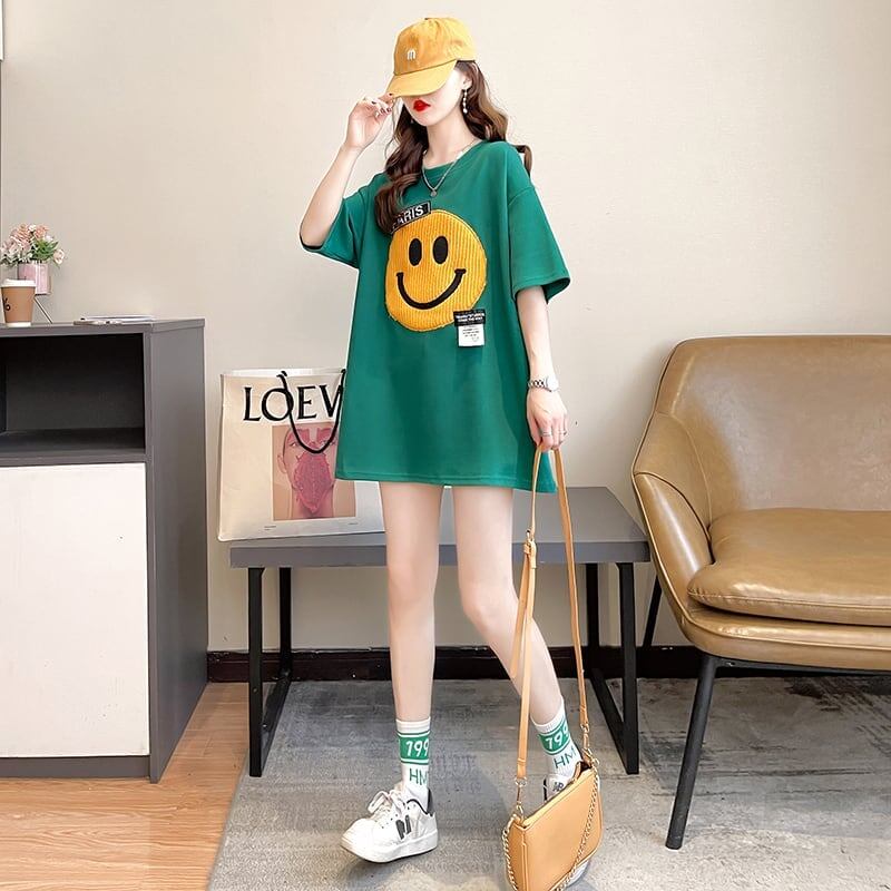 質感のいい ニコちゃん刺繍 スマイル ロング Tシャツ ゆったり半袖 ＜F-2947＞