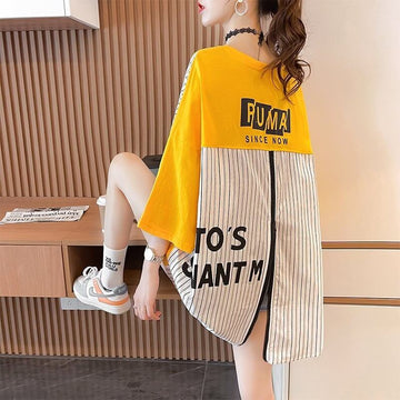 大好評   ストライプ柄 ロング Tシャツ 三色 ゆったりワンピース ＜F-4012＞