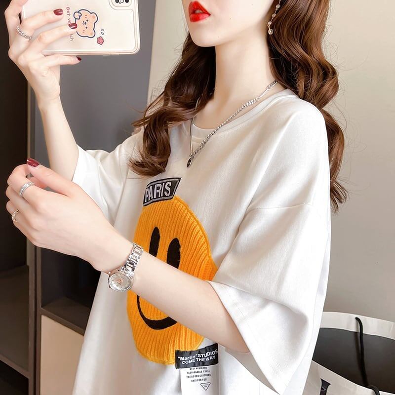 質感のいい ニコちゃん刺繍 スマイル ロング Tシャツ ゆったり半袖 ＜F-2947＞
