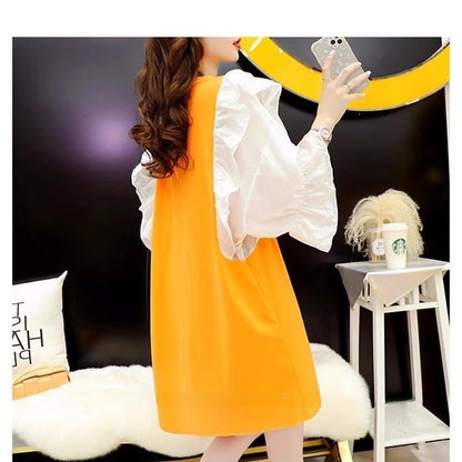 女子力アップ アルファベット パフスリーブ プリント ロングTシャツ ゆったりワンピース ＜F-3054＞