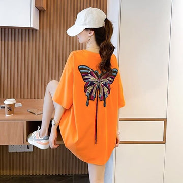 最新デザインセンス刺繍純綿ルーズ半袖Tシャツ<F-2949>