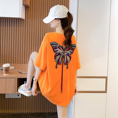 最新デザインセンス刺繍純綿ルーズ半袖Tシャツ<F-2949>