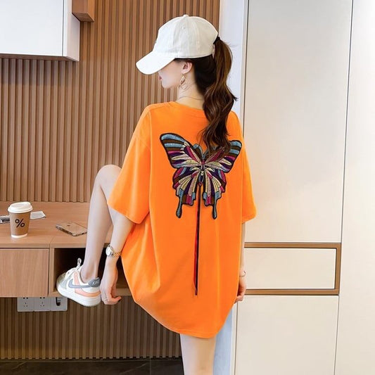 最新デザインセンス刺繍純綿ルーズ半袖Tシャツ<F-2949>