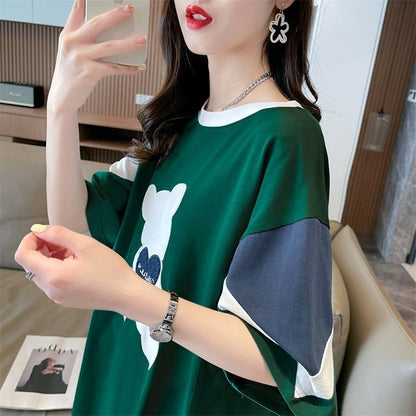 カジュアルルーズワッペン刺繍ステッチカラーブロック半袖Tシャツ<F-2870>