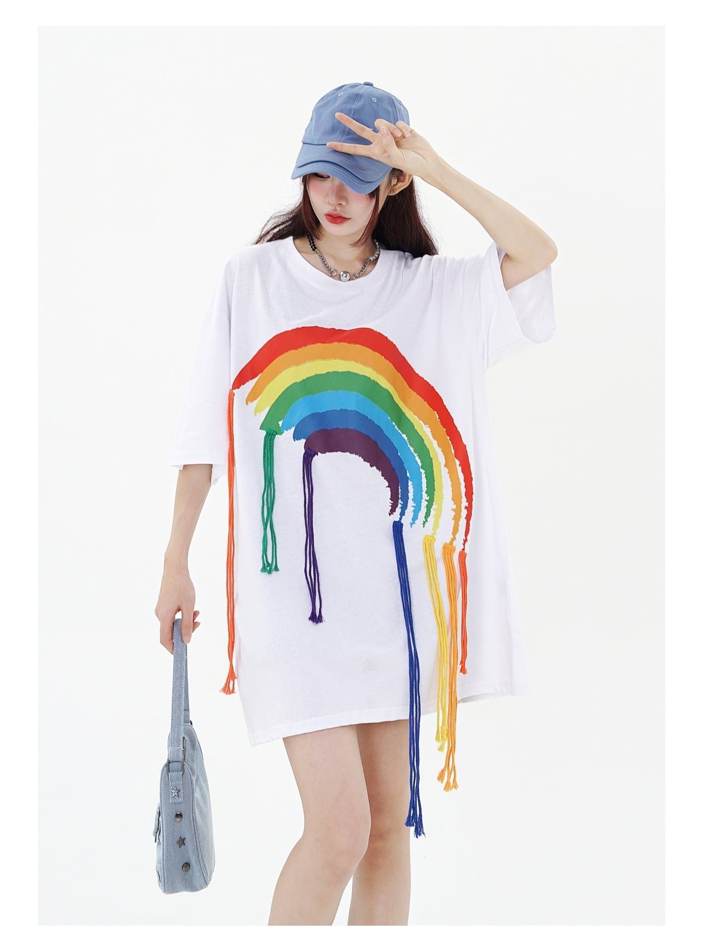 好感度UP 虹ロゴ タッセル ゆったり Tシャツ 全2色 ユニセックス半袖F-4863