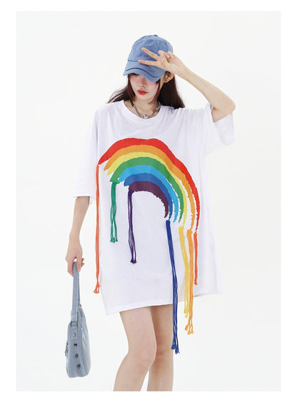 好感度UP 虹ロゴ タッセル ゆったり Tシャツ 全2色 ユニセックス半袖F-4863