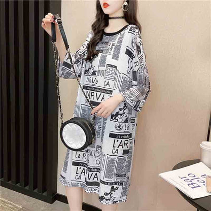 オシャレ度満点 プリント 一目惚れ 切り替え ワンピース Tシャツ カットソー＜F-3122＞