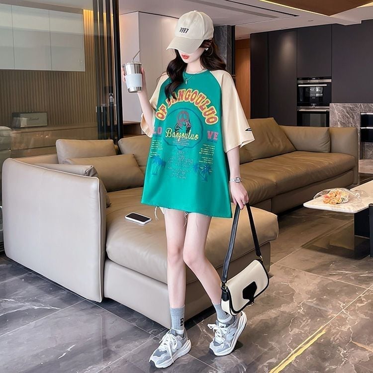 夏新作   プリント ラグランTシャツ 三色 ゆったりワンピース ＜F-4003＞