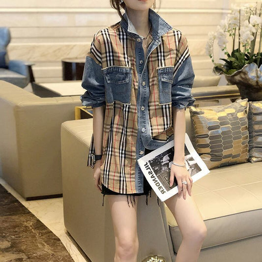 大好評 ファッション 売り切れ必至 チェック柄 切り替え デニム Tシャツ ＜F-9220＞