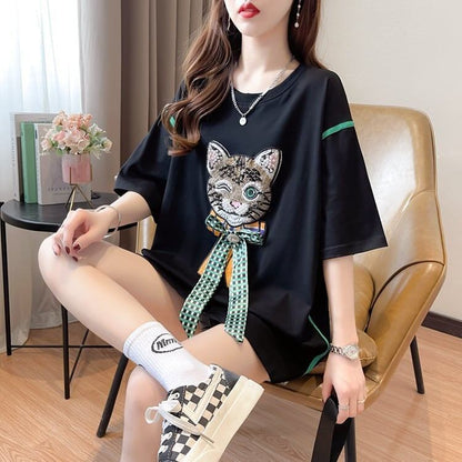 質感のいい 猫刺繍 立体のリボン ロング Tシャツ ゆったり半袖 ＜F-2919＞