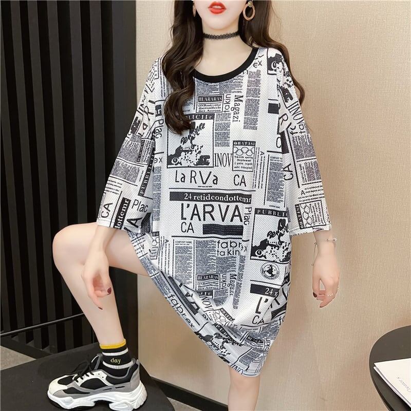 オシャレ度満点 プリント 一目惚れ 切り替え ワンピース Tシャツ カットソー＜F-3122＞