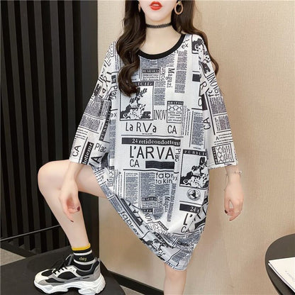 オシャレ度満点 プリント 一目惚れ 切り替え ワンピース Tシャツ カットソー＜F-3122＞