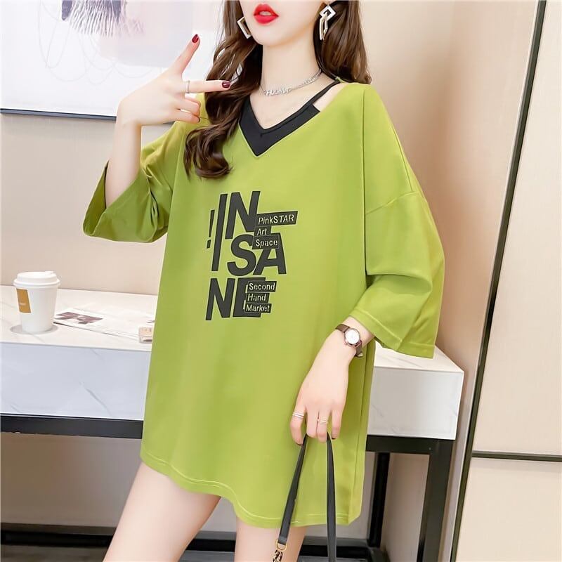 売れ筋 アルファベット Vネック フェイクレイヤード ゆったり 着?せ 半袖 Tシャツ ＜F-2005＞