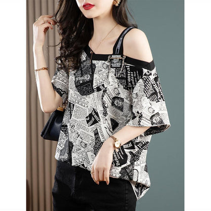 【半額！期間限定！！】絶対流行 特別デザイン 個性派 シフォン プリント 半袖Tシャツ＜F-8610＞