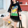 デザインセンス中空プリントTシャツルーズトップス<F-2877>