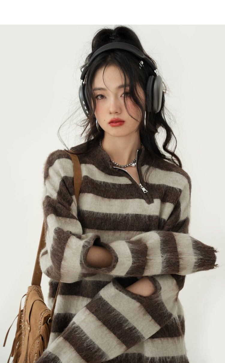 気質満点   ダメージ加工ボーダー柄ゆったりニットセータートップス