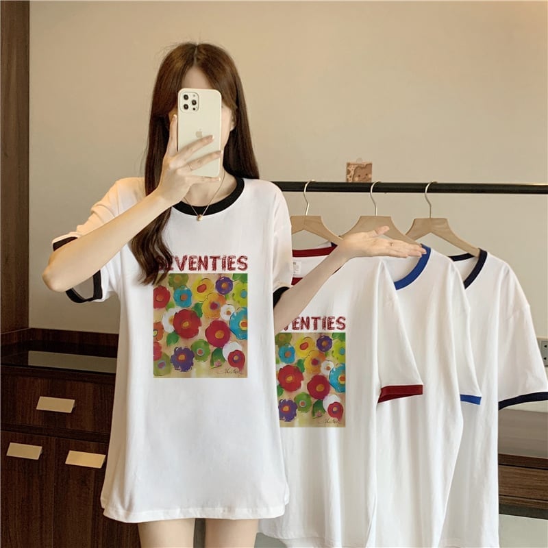 着?せ 配色 プリント ロング Tシャツ 四色 ゆったり半袖 ＜F-3019＞