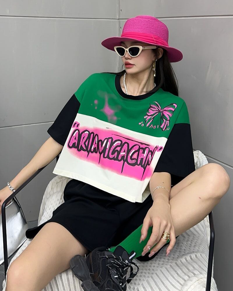 着回し力抜群 切り替え三色 韓国系 ゆったり半袖Tシャツ ＜F-8455＞