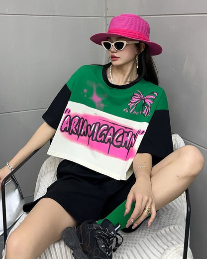 着回し力抜群 切り替え三色 韓国系 ゆったり半袖Tシャツ ＜F-8455＞