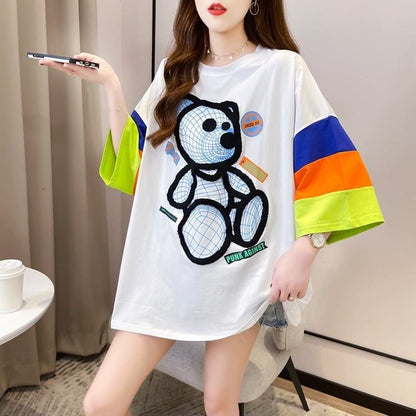 超人気商品   ベアー柄 プリント ロング Tシャツ ゆったりワンピース ＜F-4024＞