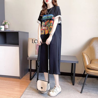 スタイリッシュ プリント 一目惚れ Tシャツ カットソー ワンピース＜F-3575＞