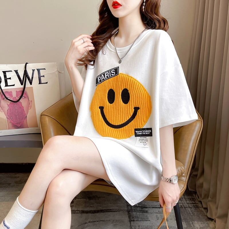 質感のいい ニコちゃん刺繍 スマイル ロング Tシャツ ゆったり半袖 ＜F-2947＞