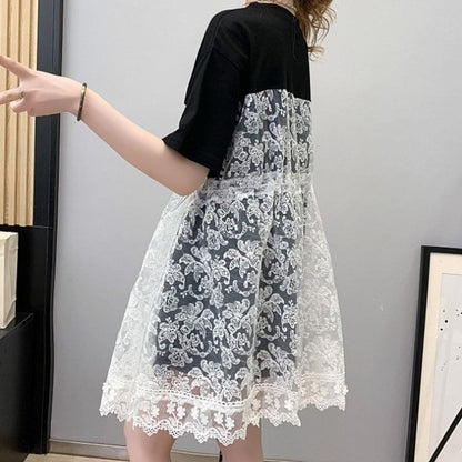 女子マスト 切り替え レース ゆったり 着?せ ハイウエスト 半袖 ワンピース ＜F-2019＞