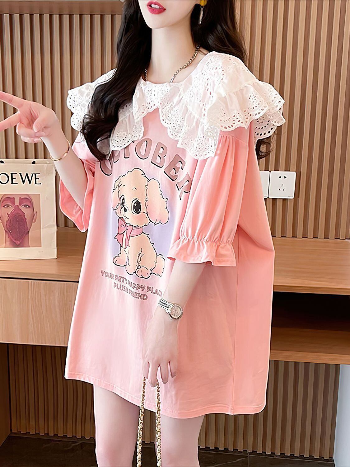 絶対流行 切り替え キュートプリント ゆったり 5分袖 Tシャツ＜F-8474＞