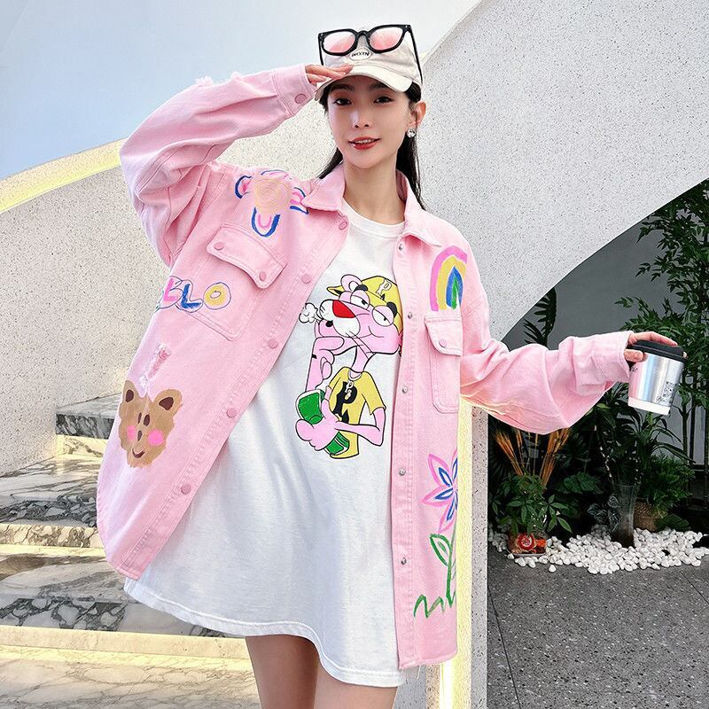 売り切れ必至 韓国風ファッション 上質 アバンギャルド プリント デニム Tシャツ ＜F-9479＞