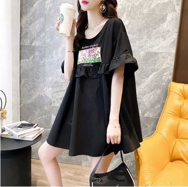 ミドル丈のイレギュラー半袖Tシャツワンピース<F-5007>