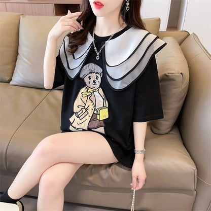 カレッジスタイルのゆったりとしたウエスタンスタイルのネイビーカラー漫画柄Tシャ<F-2897>