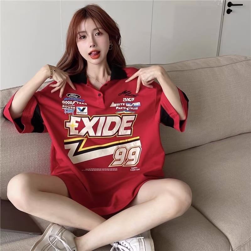 韓国系   POLOネック ロング Tシャツ 三色 ゆったりワンピース＜F-4025＞