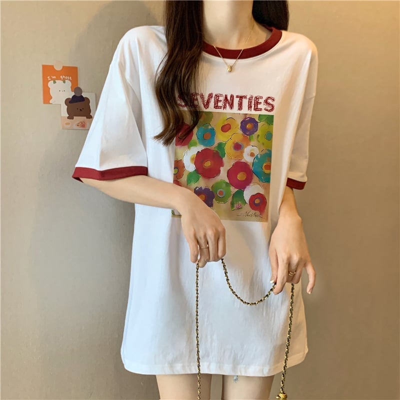 着?せ 配色 プリント ロング Tシャツ 四色 ゆったり半袖 ＜F-3019＞