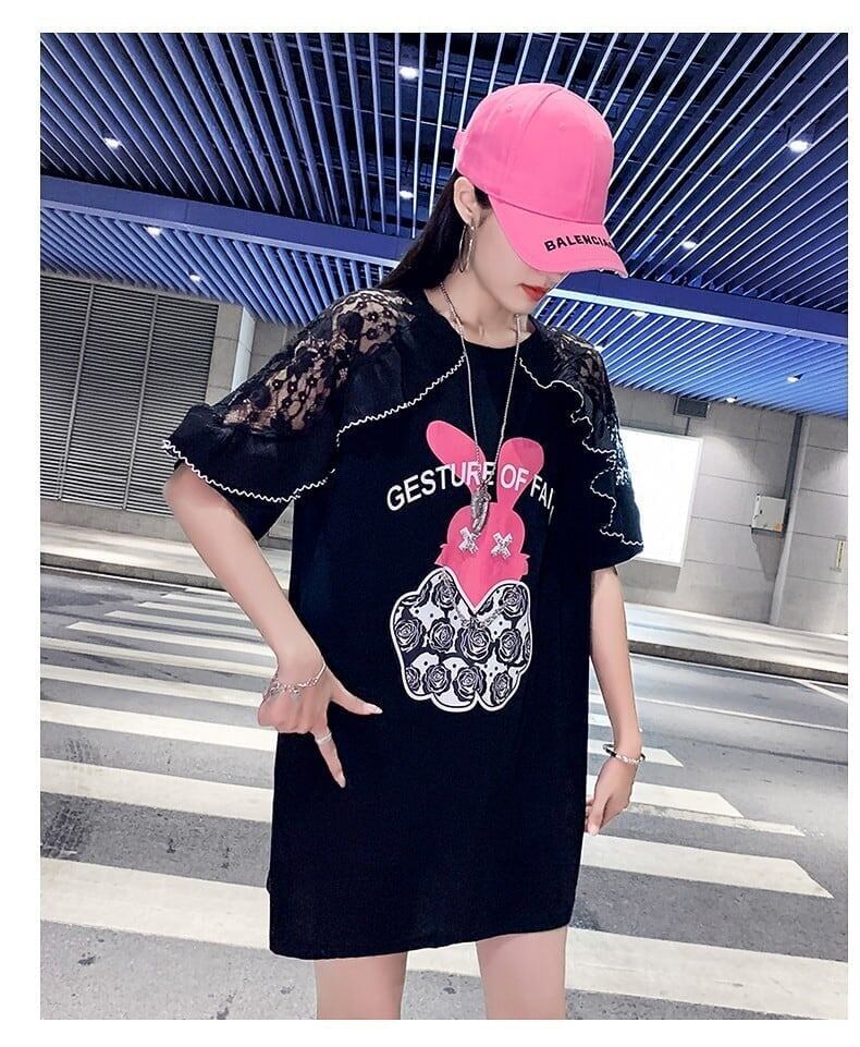 レースステッチアイスシルクニットルーズラビットプリント半袖Tシャツ<F-5038>