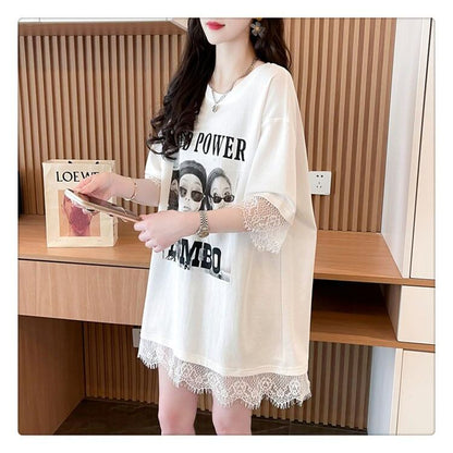 売り切れ必至 レース ファッション 切り替え ゆったり 半袖Tシャツ＜F-8480＞