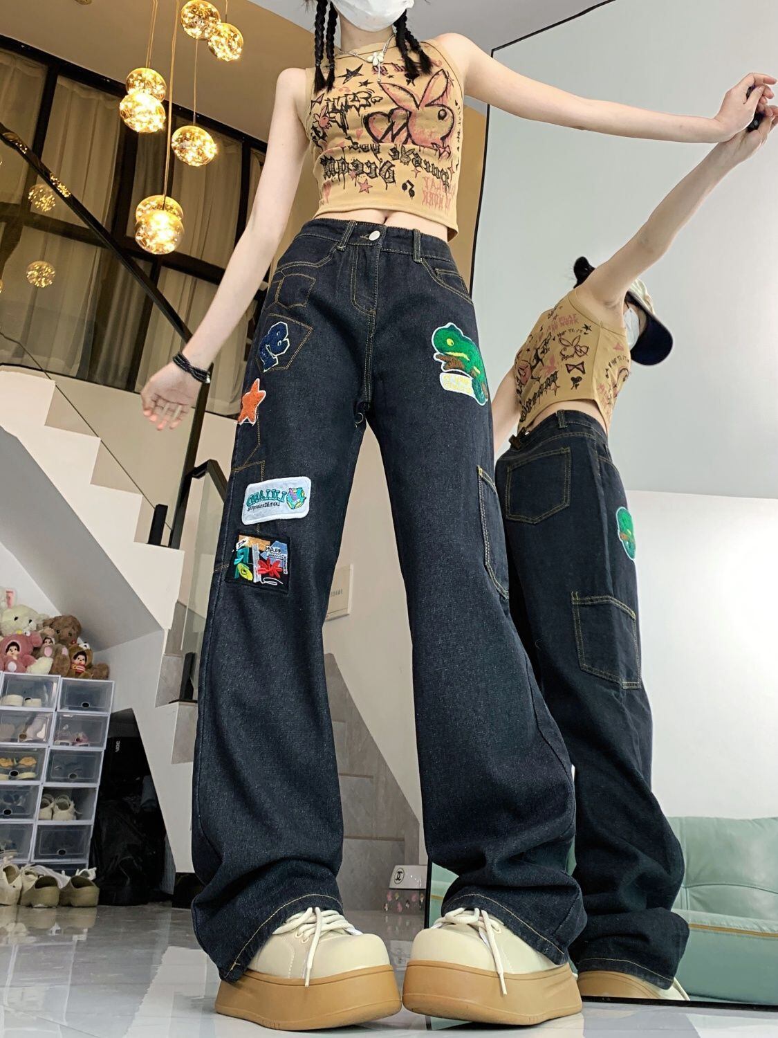 ファッション感満々 着回し力抜群 個性的なデザイン デニム ワイドパンツ＜F-9769＞